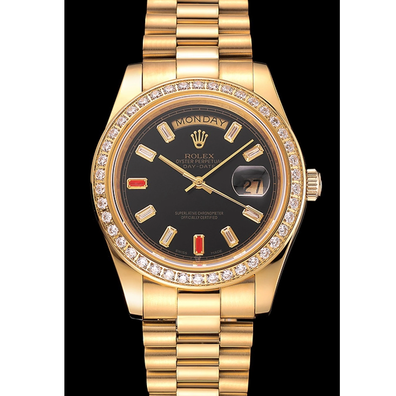 Aaa replica watch 1454101 Bracelet Dial Rolex Diamonds And Black Rubies Gold Swiss Day-Date 0518